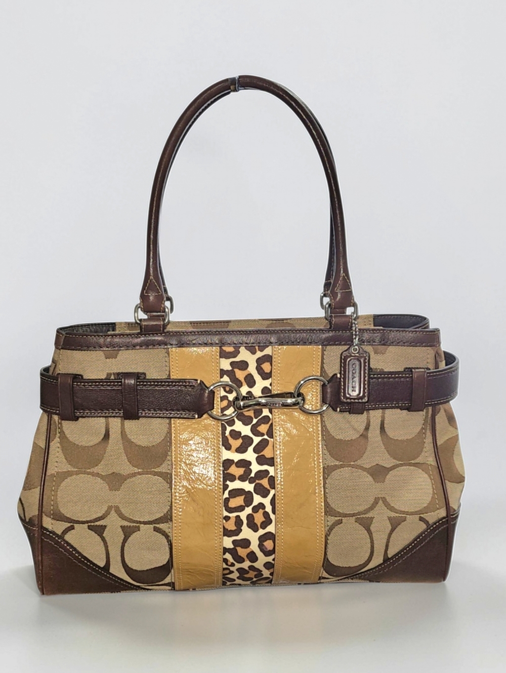 Coach Hamptons Signature Stripe Leopard Satchel | Brown Canvas Leather Horsebit - Picture 2 of 10